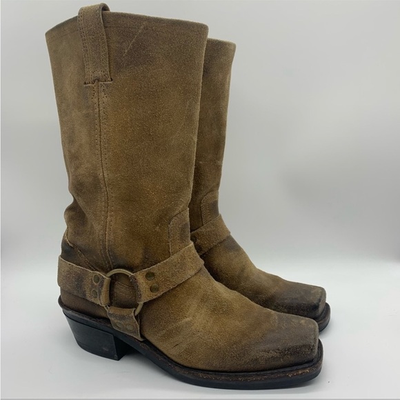 Frye Harness 12R Tall Pull On Square Toe Boots Taupe Oiled Suede Size 5.5 - Picture 1 of 13